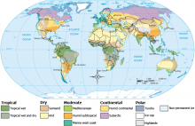 Klimakort over hele Verden. Verdenskort markeret med de forskellige klimazoner. Wikimedia Commons.